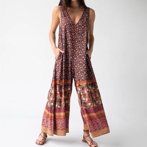 Natural Life Let's Just Go Wide-Leg Jumpsuit - Tan Border Print XS
